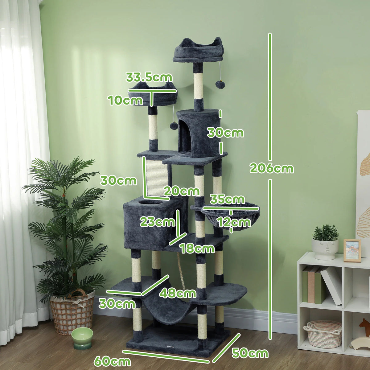 PawHut 206cm Large Cat Tree Scratching Posts Beds Condos Toys Dark Grey