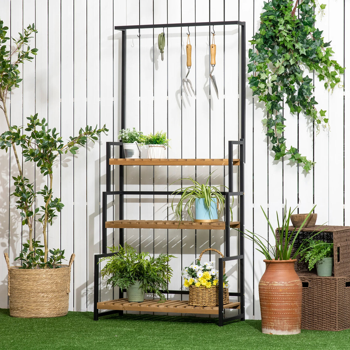 3 Tier Tall Plant Stand with Top Hanging Hooks Slatted Fir Wood Shelves Metal Frame 20kg Black and Natural