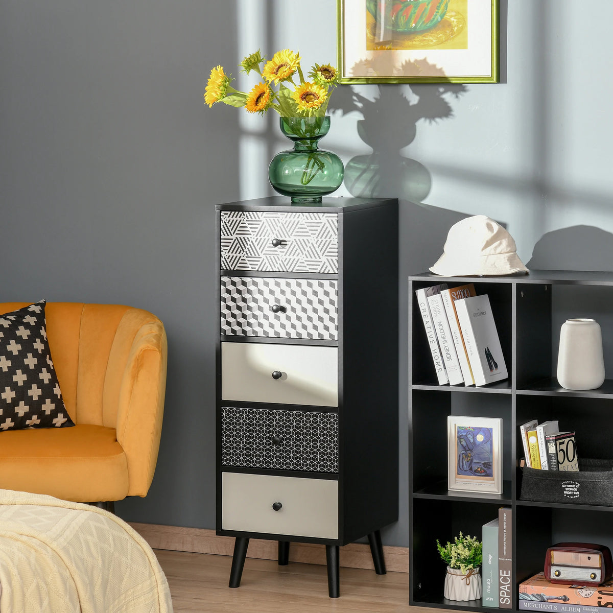 5 Drawer Chest of Drawers, Black Bedroom Storage Unit
