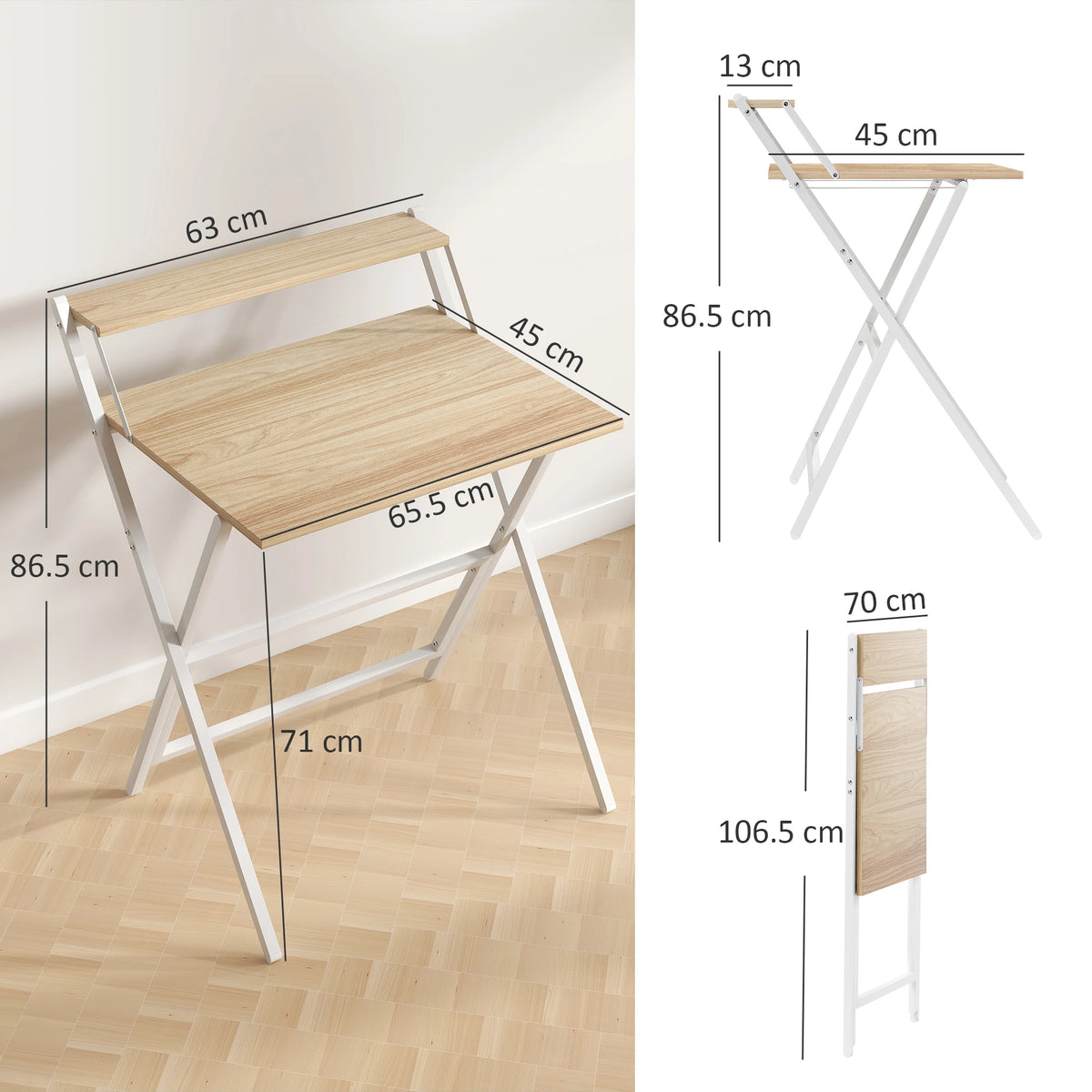 Small Folding Computer Desk with Monitor Shelf, 70cm, Natural and White