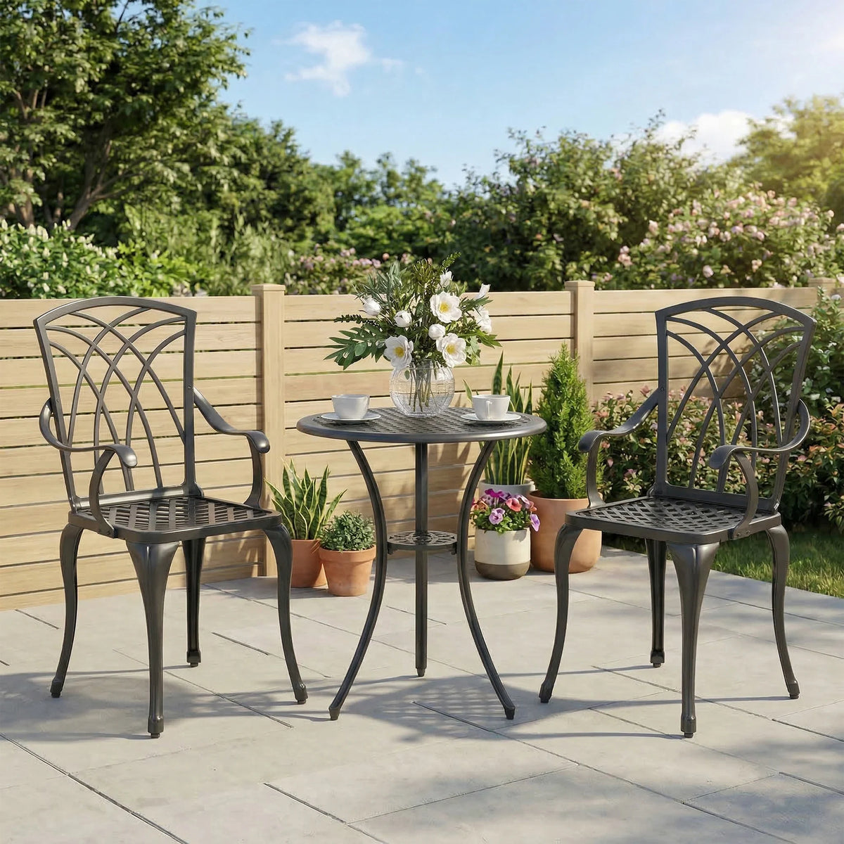 3 Piece Cast Aluminium Garden Dining Set for 2 with Parasol Hole, Table and 2 Chairs, Brown