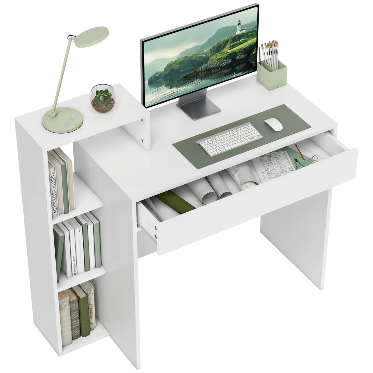 Compact Computer Desk with 3 Open Shelves and Drawer, 100cm, White