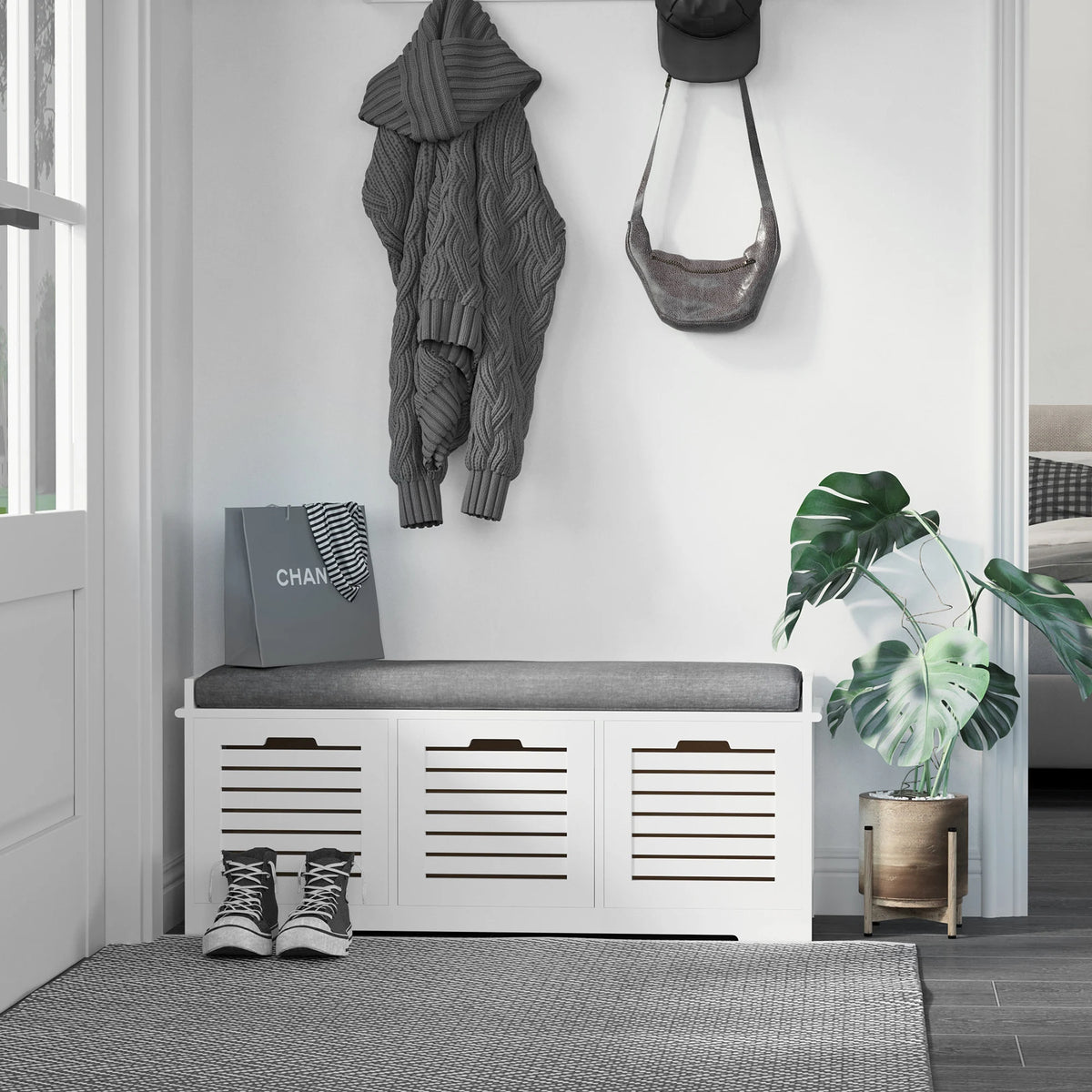 3-Door Shoe Storage Bench Cushion Seat Slatted Doors Elevated Base White