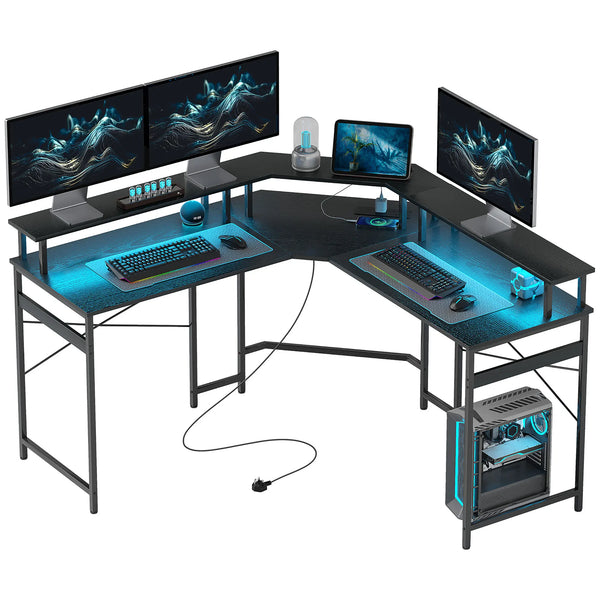 L Shaped Corner Desk with 16 Colour LED Lights Monitor Stand 2 Power Outlets USB and USB C Ports Black
