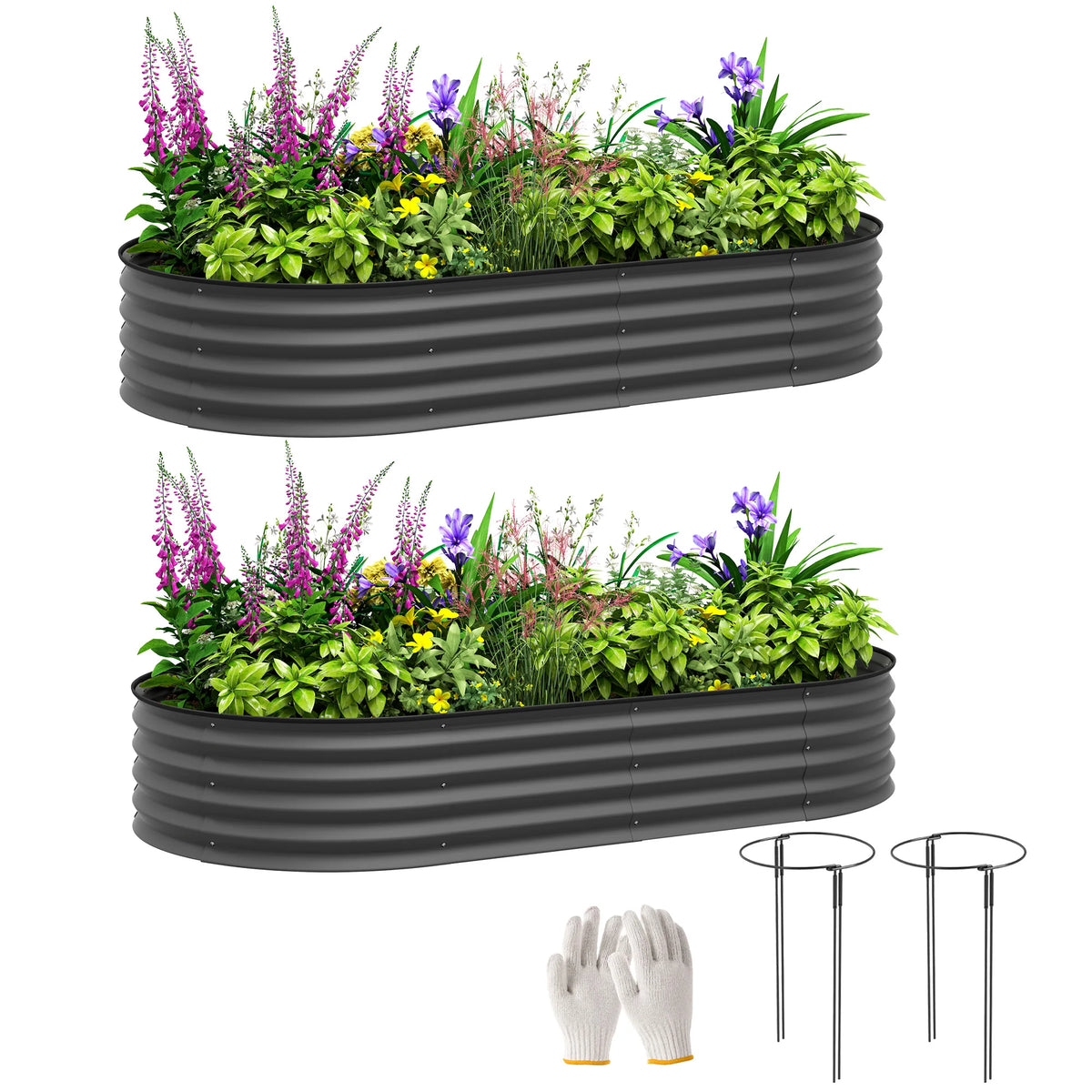 Set of 2 Raised Garden Beds with Metal Plant Stakes, Dark Grey
