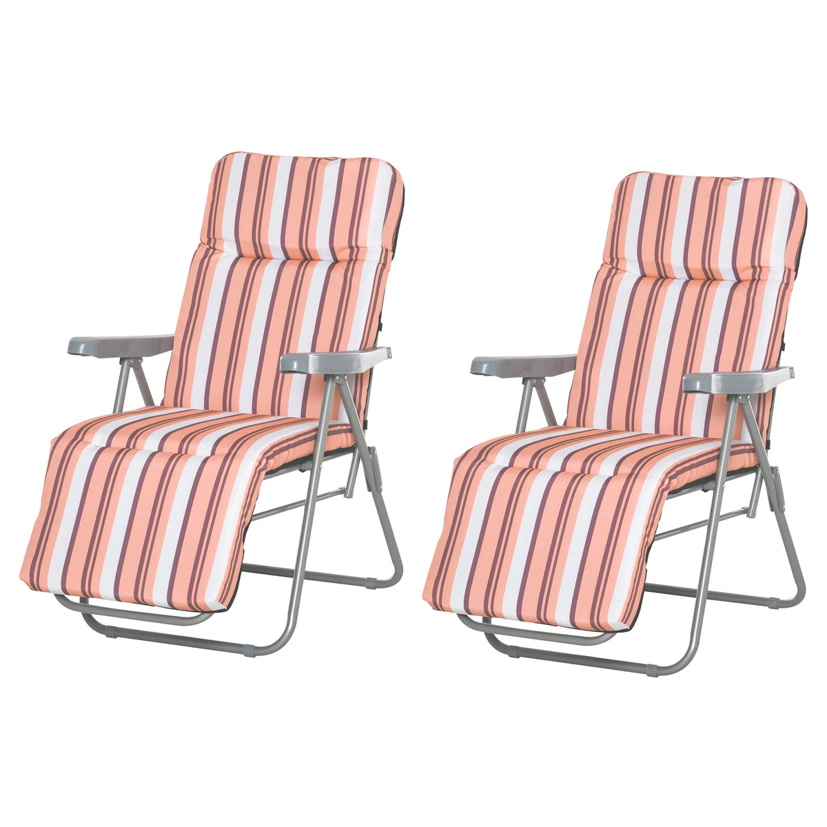 Set of 2 Garden Sun Loungers, Foldable Adjustable Reclining Seats, Orange and White