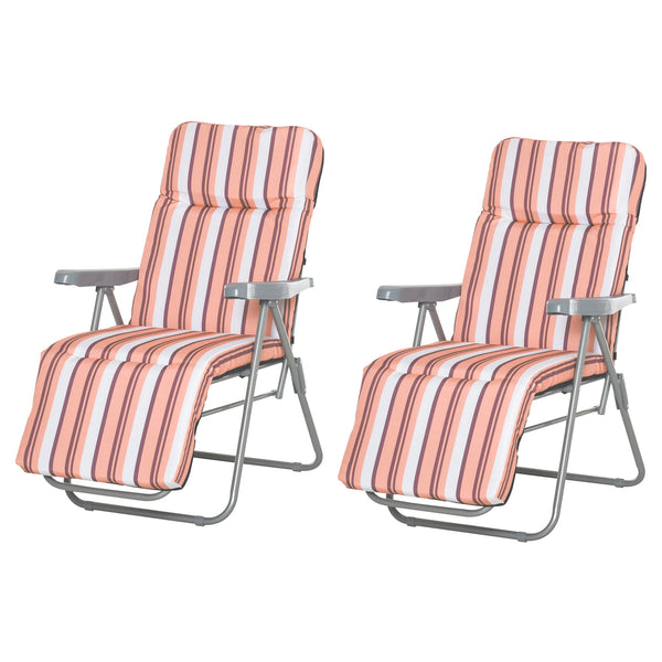 Set of 2 Garden Sun Loungers, Foldable Adjustable Reclining Seats, Orange and White