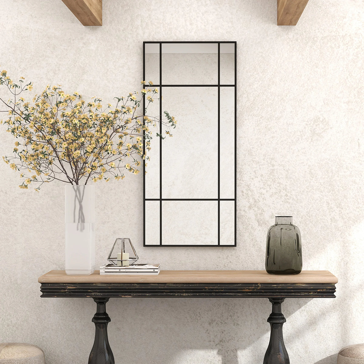 Window Pane Wall Mirror with Metal Frame, 110 x 50cm, Black