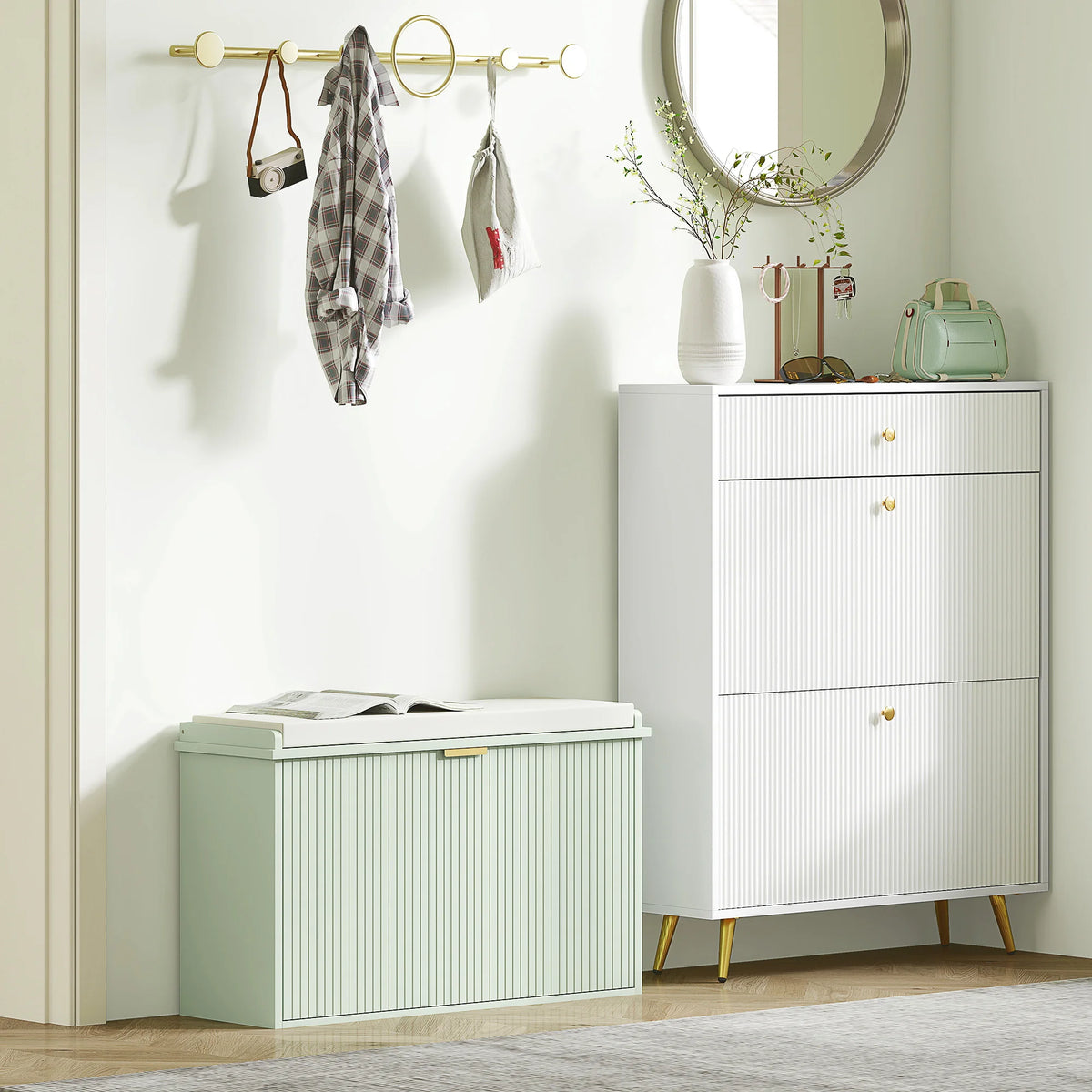 Shoe Storage Bench with Cushioned Seat and Flip Drawer, 80 x 26 x 47.5 cm, Green