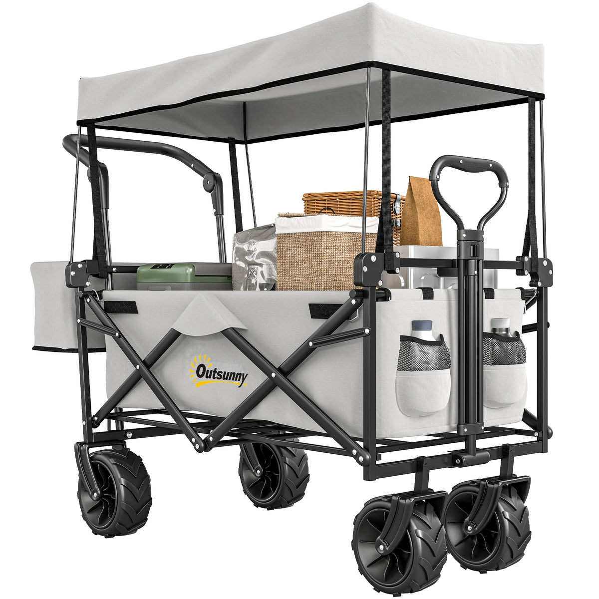Folding Trolley Cart 68kg with 4 Wheels Telescopic Handle Canopy Side Pocket and Cup Holder Black