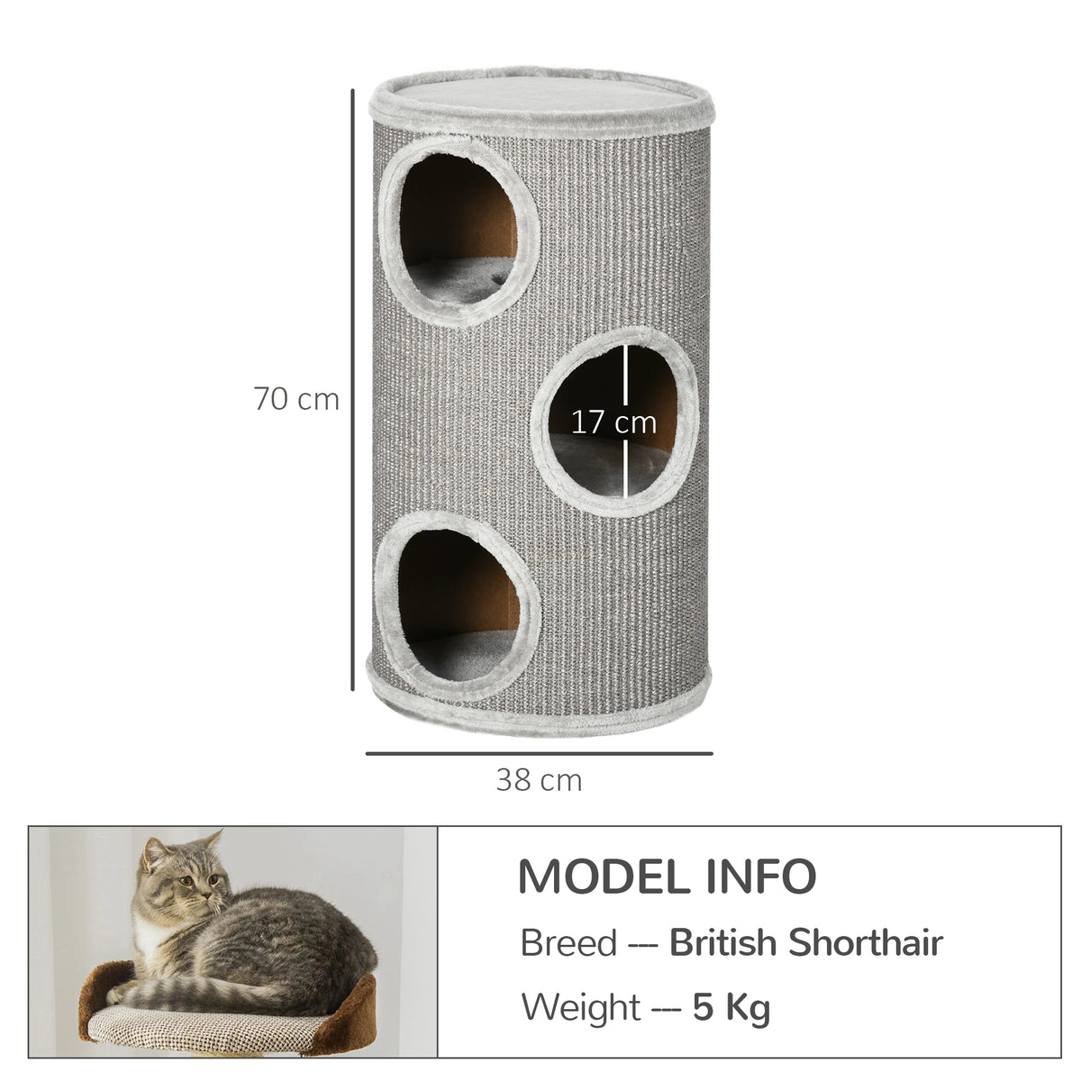 Barrel Cat Tree Tower with Sisal Scratching Mat and Plush Lining, Light Grey