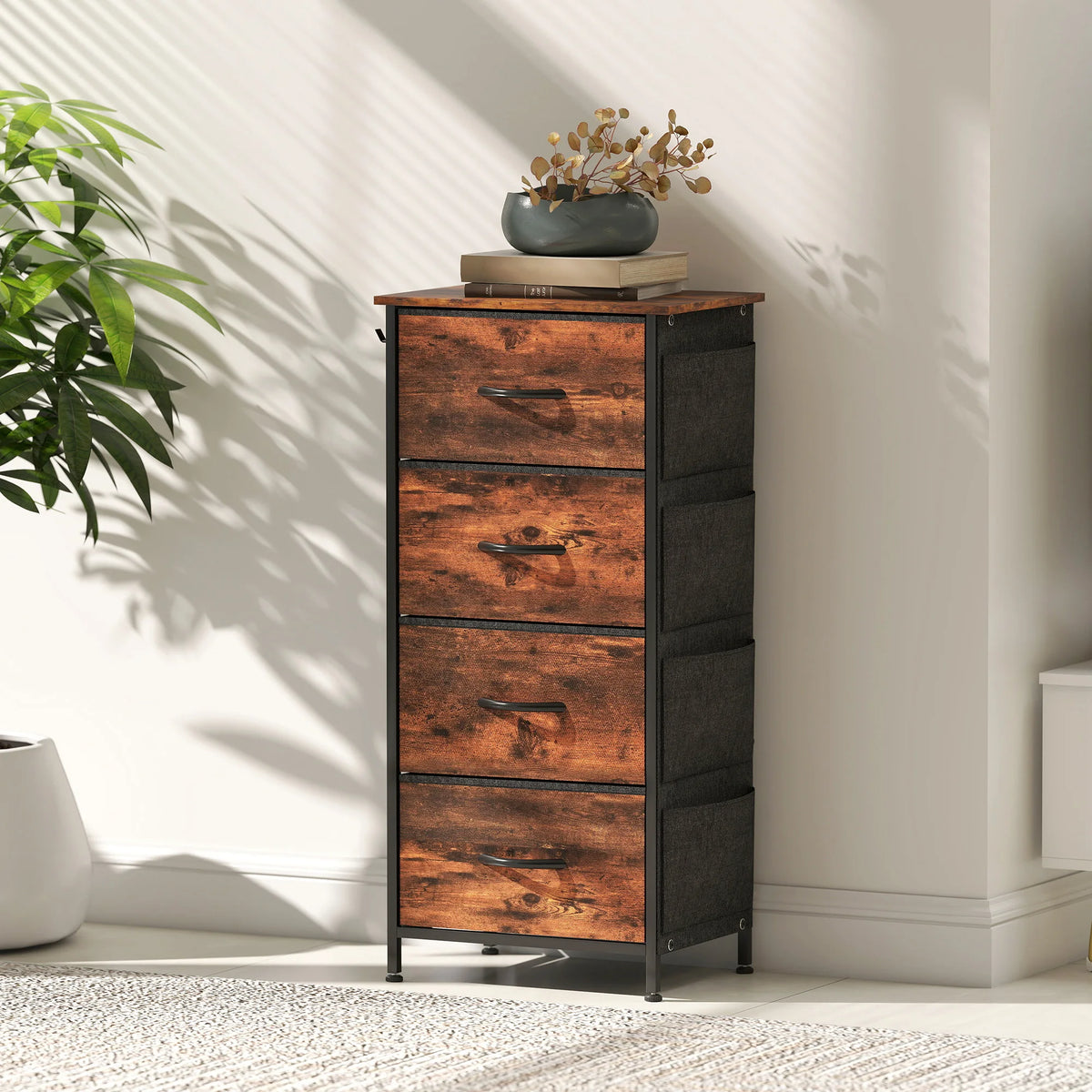 Fabric Chest of 4 Drawers with Side Pockets and Hooks, Rustic Brown and Black