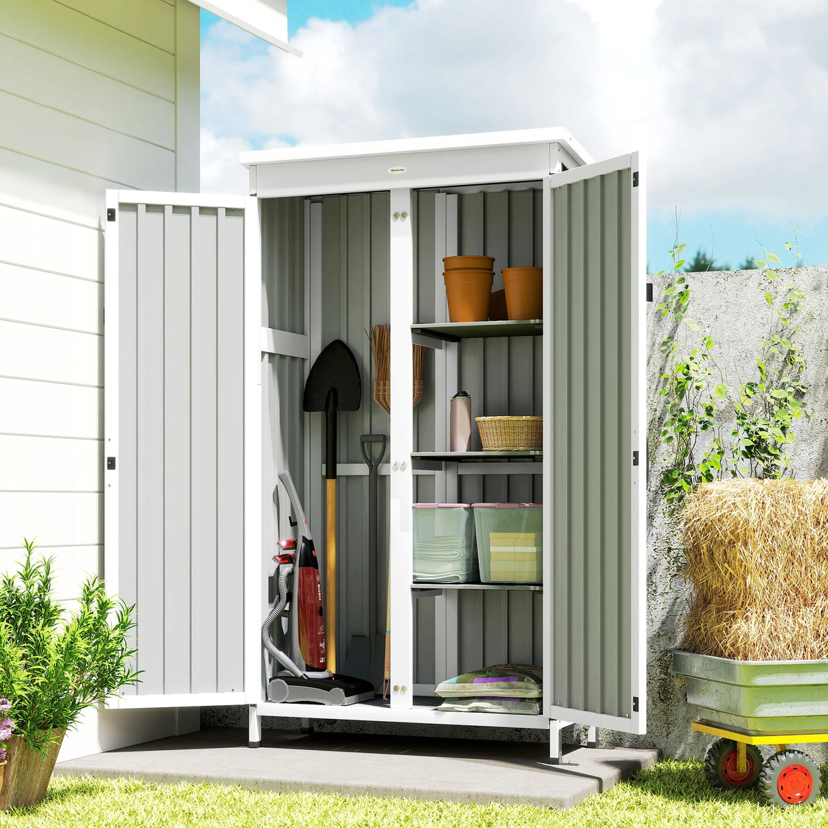 Small Wood and Steel Garden Shed with 3 Removable Shelves and Asphalt Roof