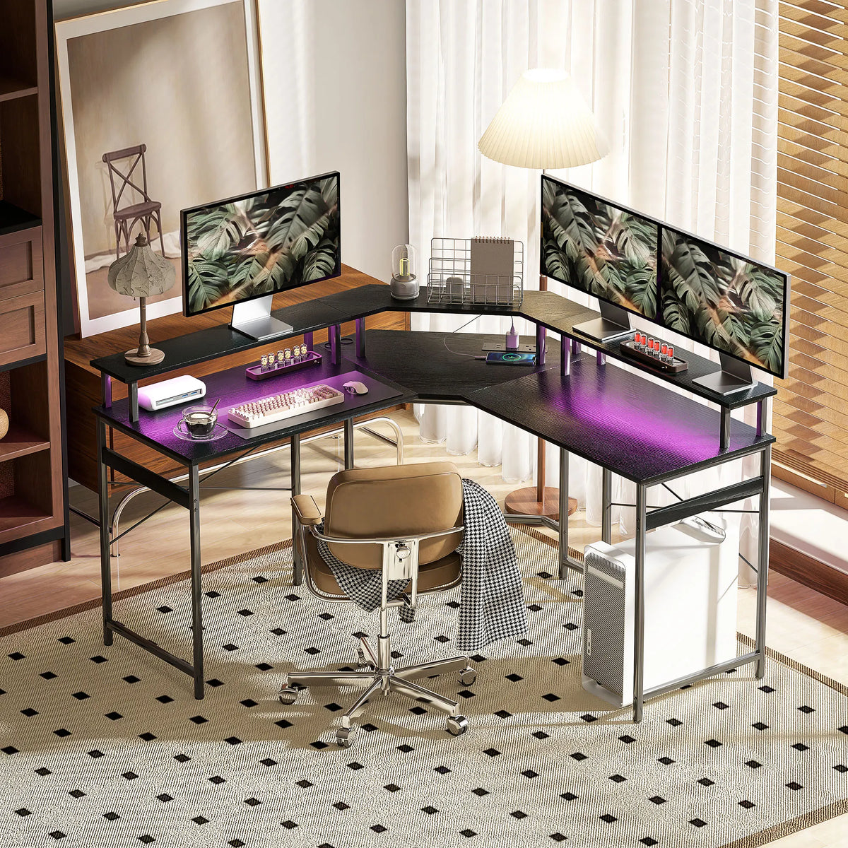 L Shaped Corner Desk with 16 Colour LED Lights Monitor Stand 2 Power Outlets USB and USB C Ports Black