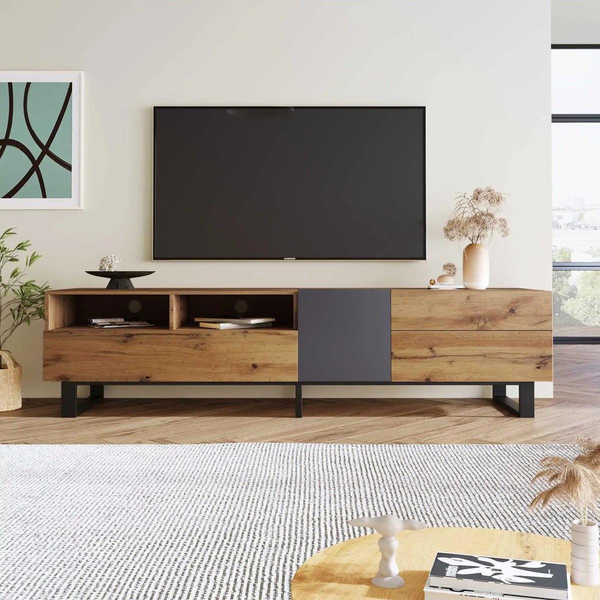 180cm Wood Grain TV Cabinet with Drawers and Push-Open Doors | Modern Black and Wood TV Stand