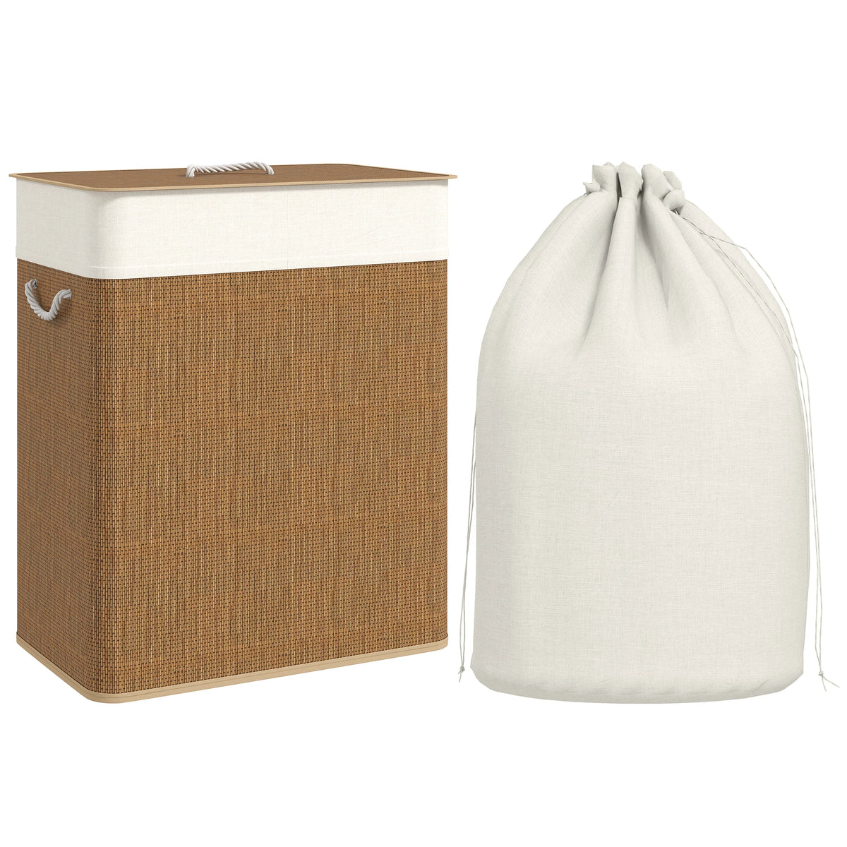 100L Bamboo Double Laundry Hamper with Lid and Rope Handles