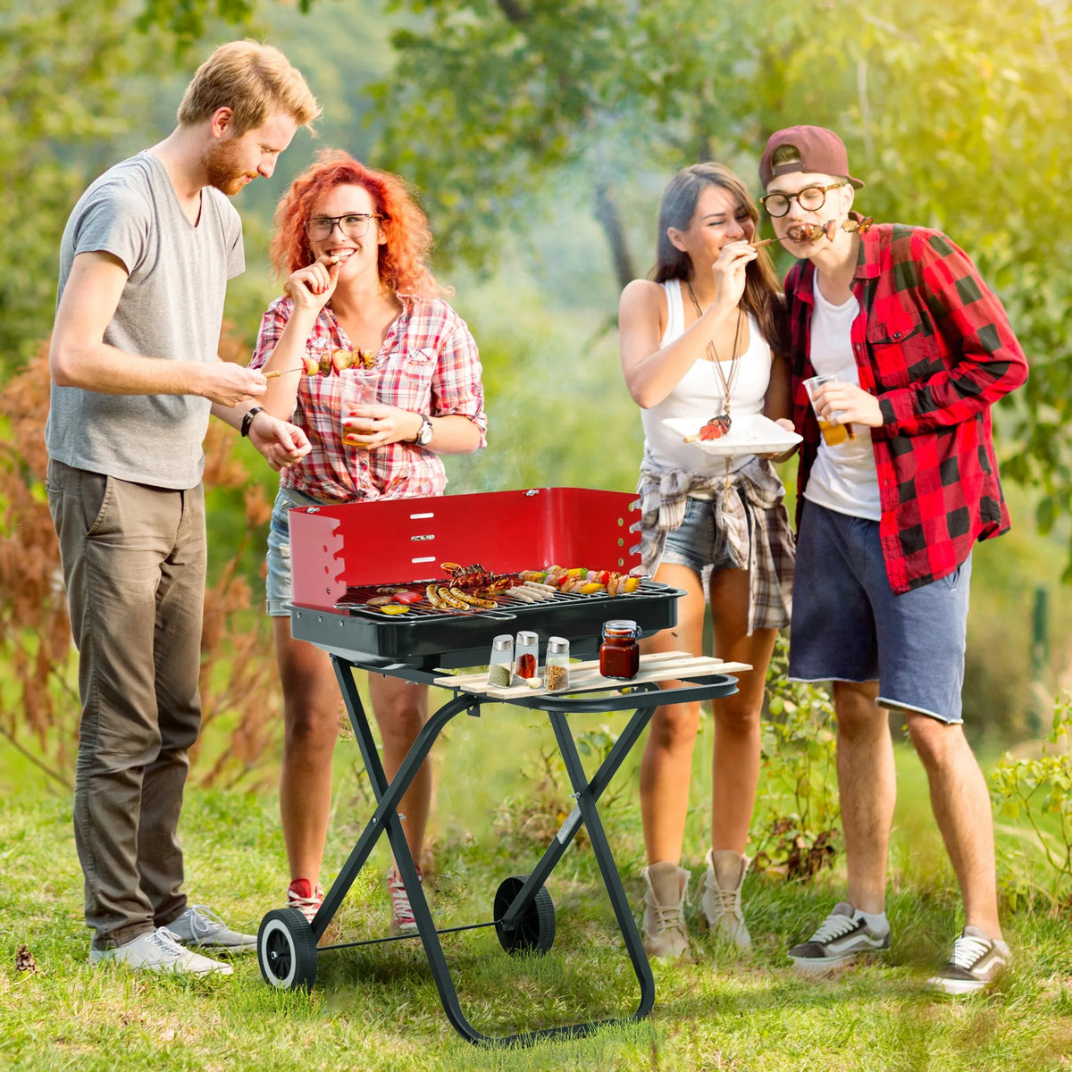 Foldable Charcoal Trolley Barbecue BBQ Grill Cooker Smoker with Wheels