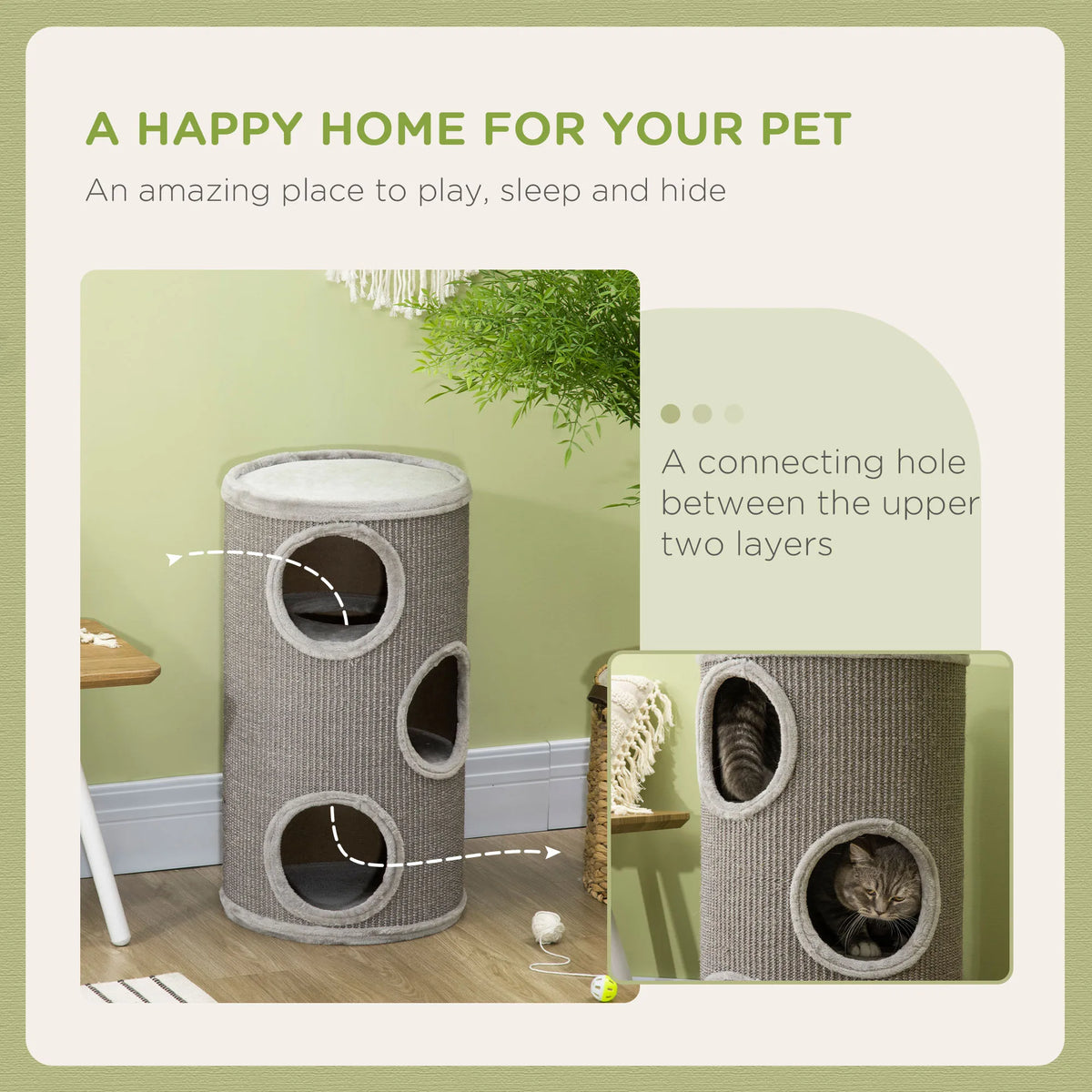 Barrel Cat Tree Tower with Sisal Scratching Mat and Plush Lining, Light Grey