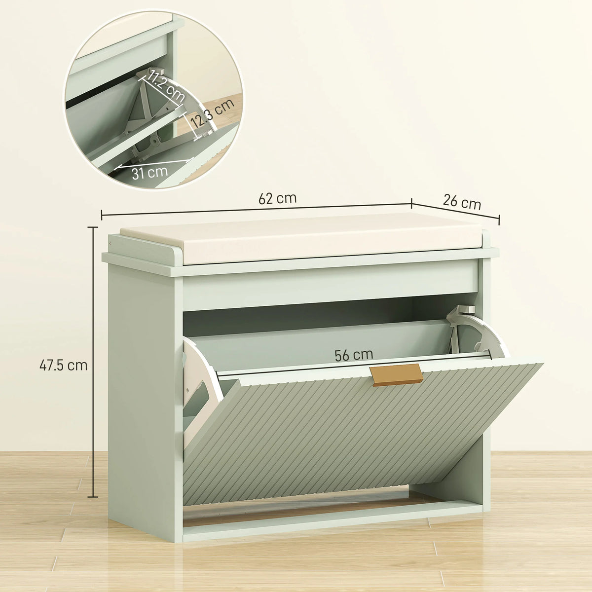 Shoe Storage Bench with Cushioned Seat and Flip Drawer, 62 x 26 x 47.5 cm, Green