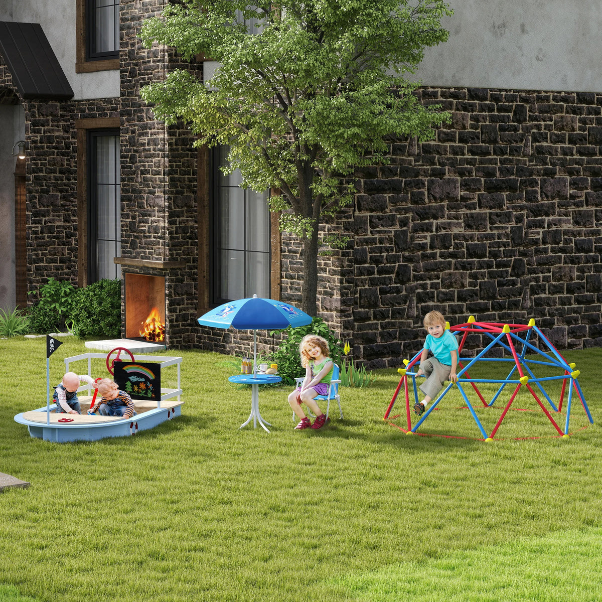 Kids 4 Piece Folding Garden Set with Table 2 Chairs and 6 Bone Parasol Shark Design Metal Blue