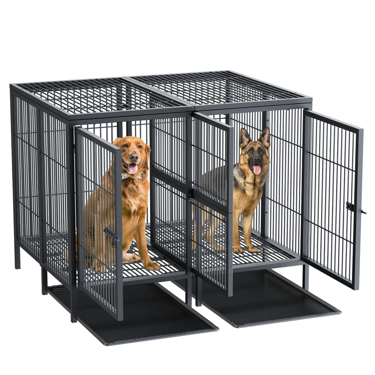 BORWART Heavy Duty Large Dog Crate 130.5x100x100cm Removable Divider Metal Cage for 2 Dogs 150kg