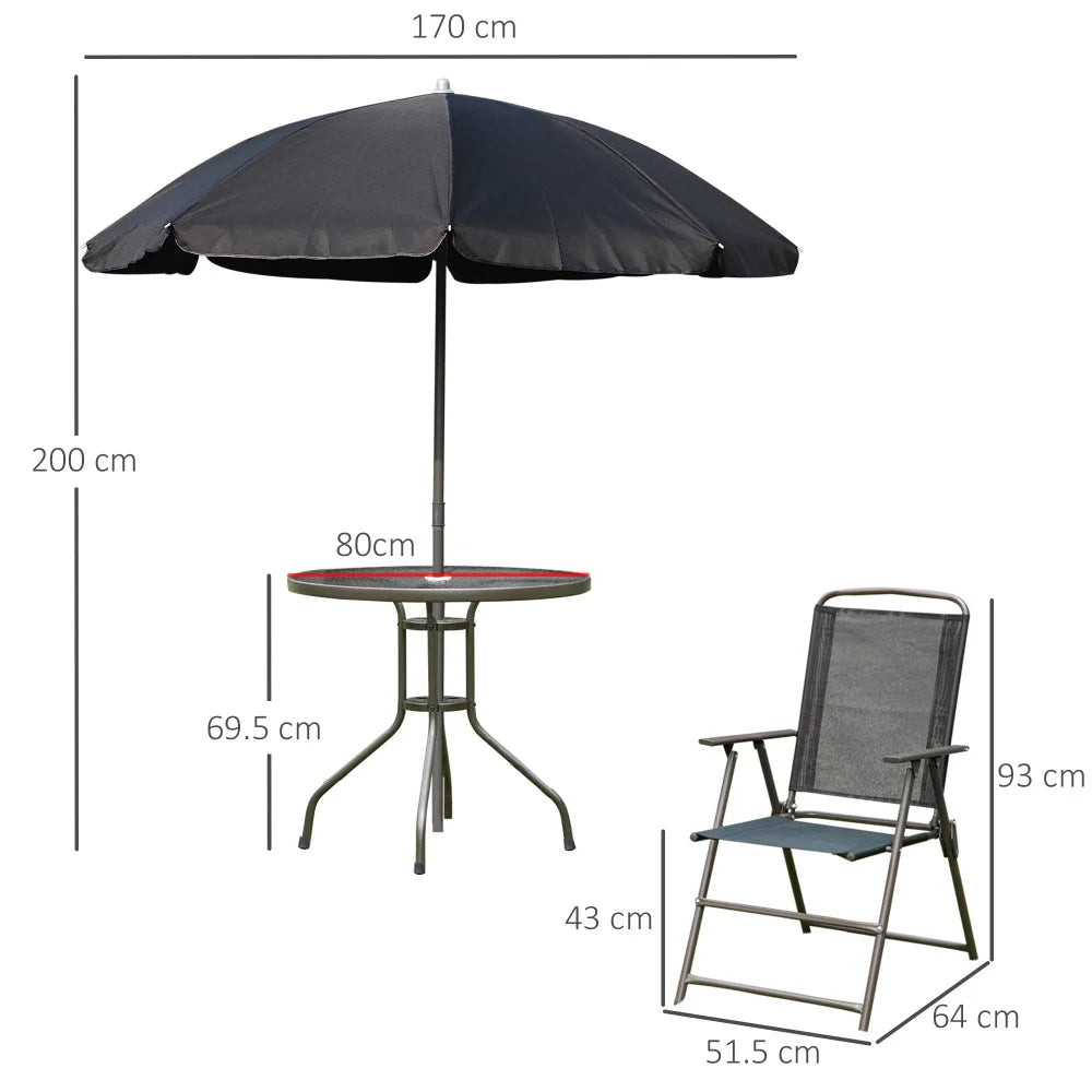 6 Piece Garden Dining Set with Parasol, Outdoor Patio Furniture with 4 Folding Chairs & Round Tempered Glass Table, Black