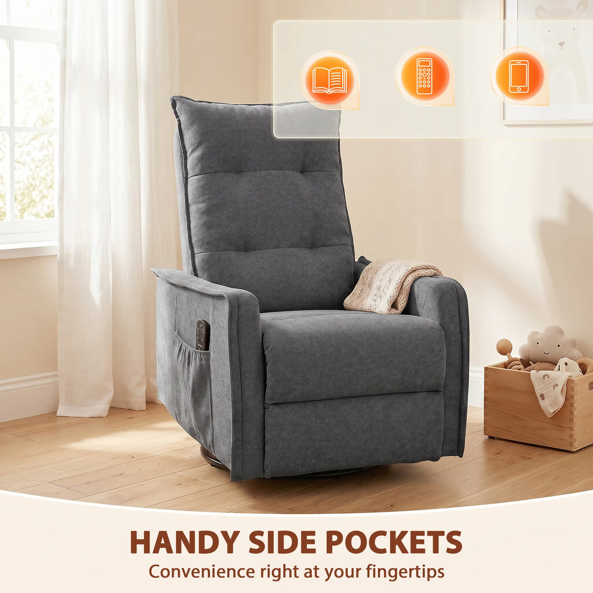 Massage Recliner Armchair with 8 Vibration Points Lumbar Heat 360° Swivel and 155° Recline Chenille Dark Grey