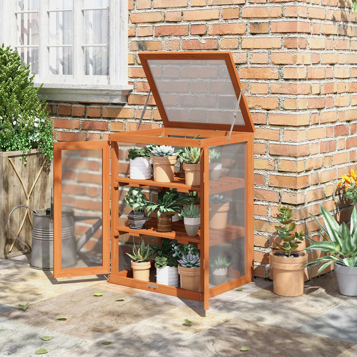 Mini Wooden Cold Frame Greenhouse with 2 Shelves Polycarbonate Panels Top Opening and Double Front Doors
