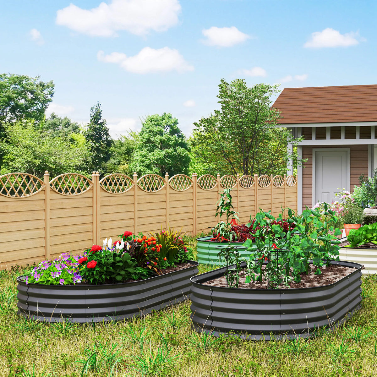 Set of 2 Raised Garden Beds with Metal Plant Stakes, Dark Grey