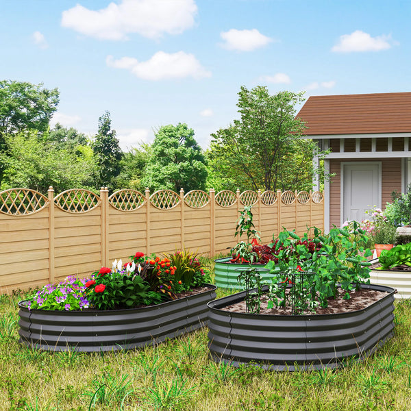 Set of 2 Raised Garden Beds with Metal Plant Stakes, Dark Grey