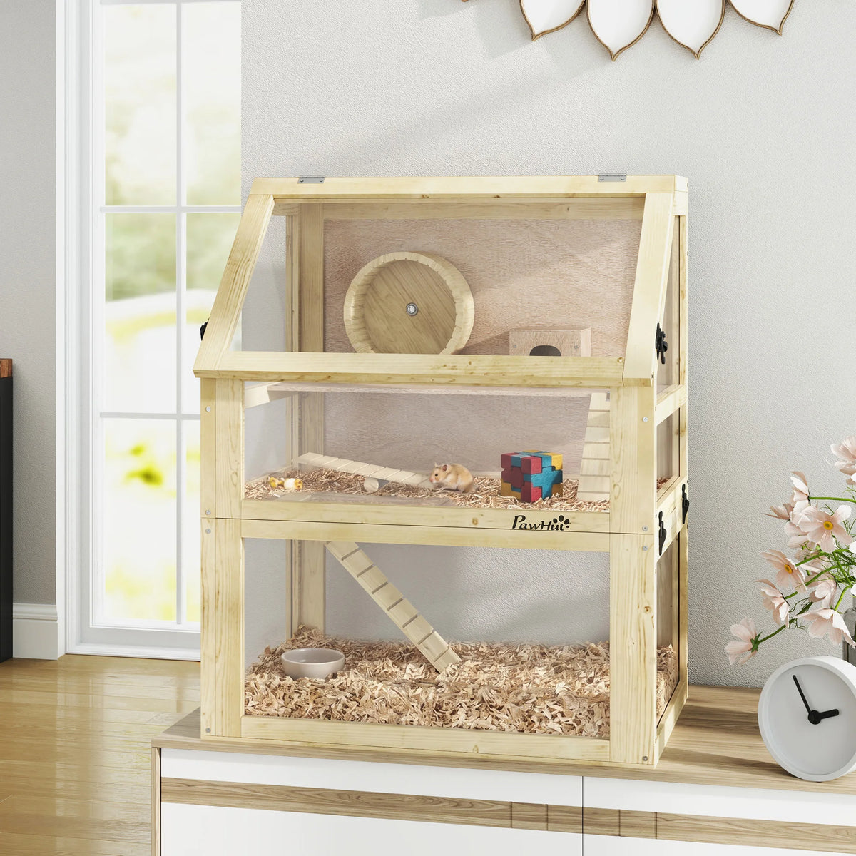 Wooden Hamster Cage, 3 Tier Gerbil Cage with Detachable 32cm Deep Bottom, Hut, Seesaw, Ramps, Natural Wood Finish