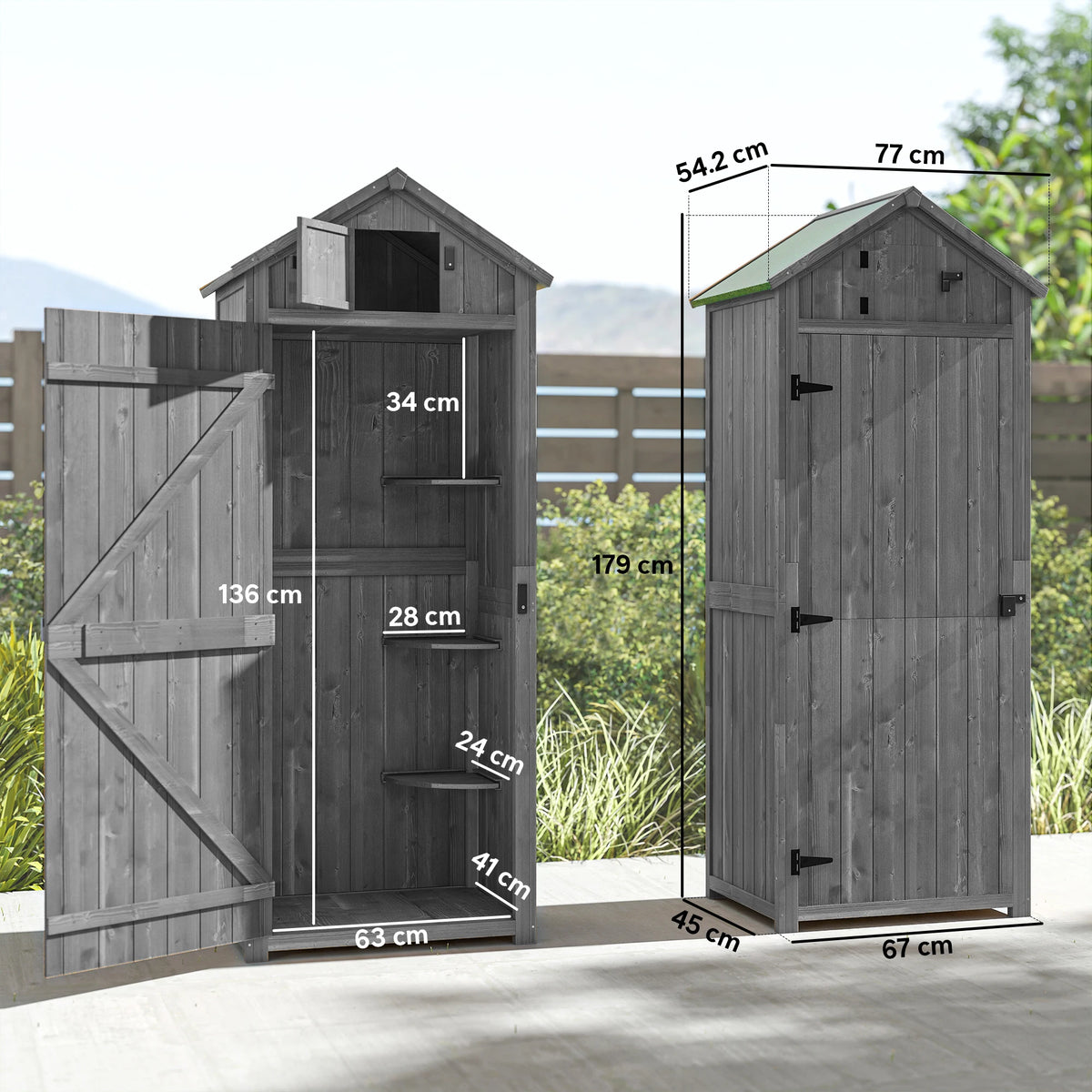 Wooden Garden Storage Shed with 3 Shelves and Asphalt Roof, 77 x 54 x 179cm, Grey