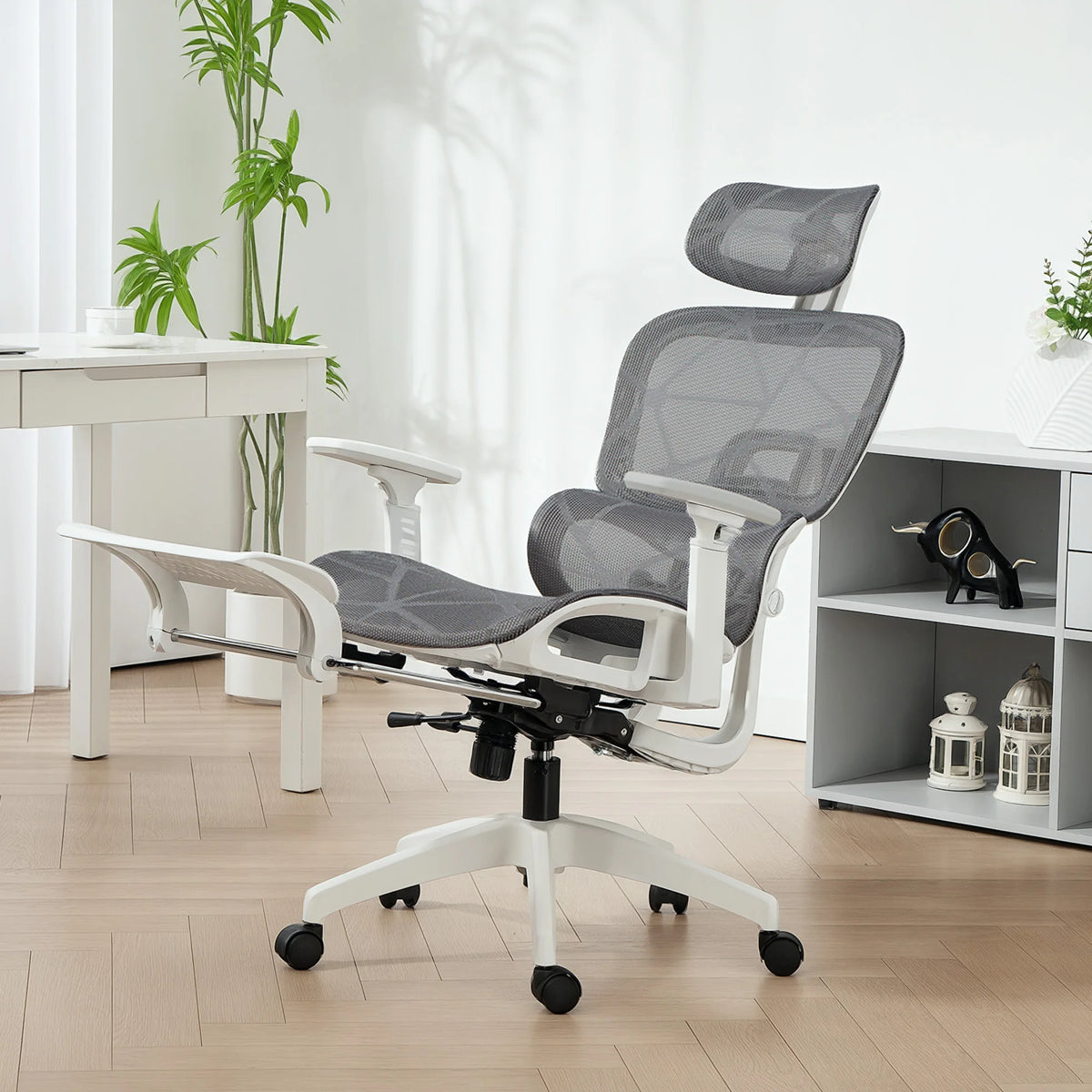 Ergonomic Mesh Office Chair with Lumbar Support, Headrest and Footrest, Grey and White