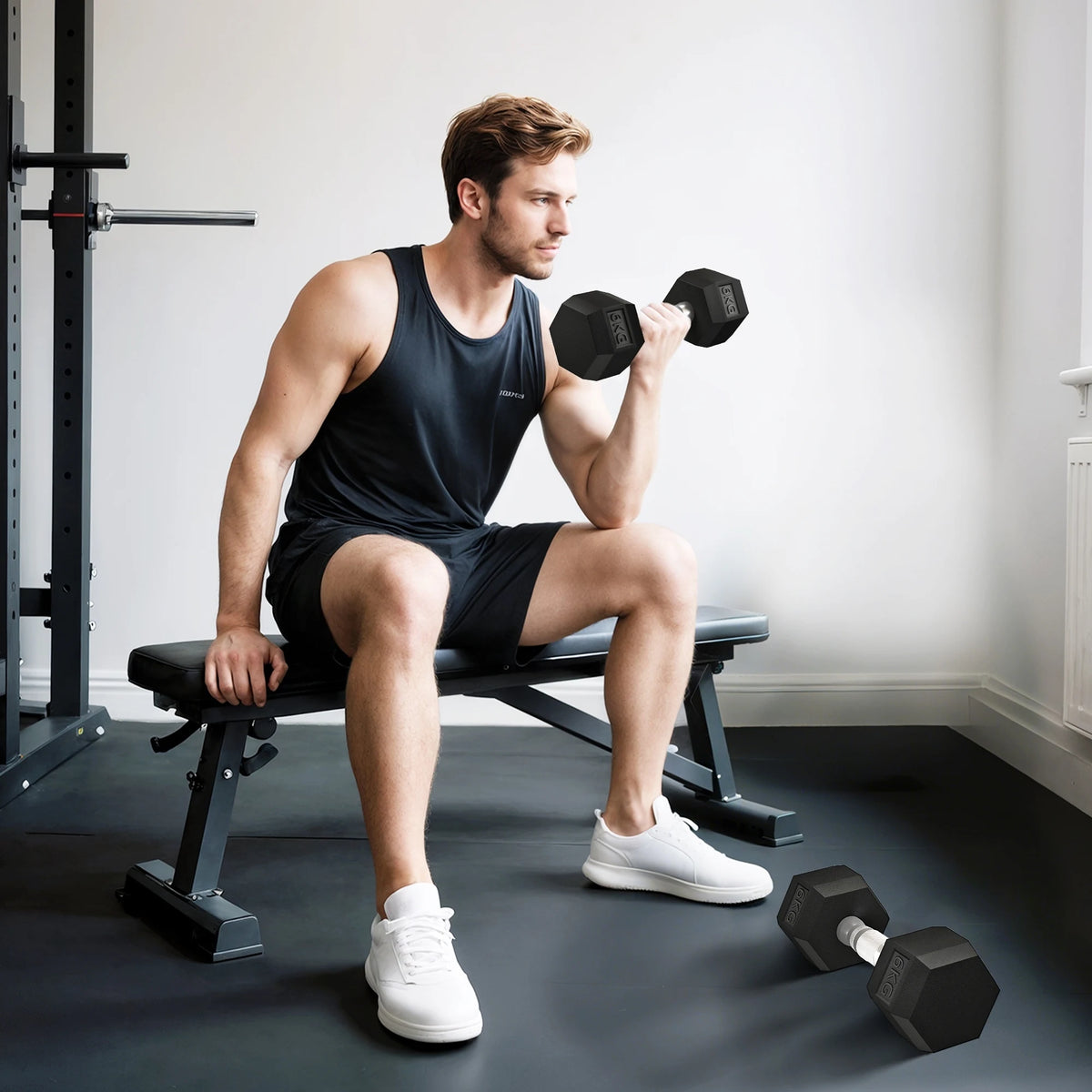 2 x 6kg Rubber Hex Dumbbells, Pair of Hand Weights with Knurled Handle, Black