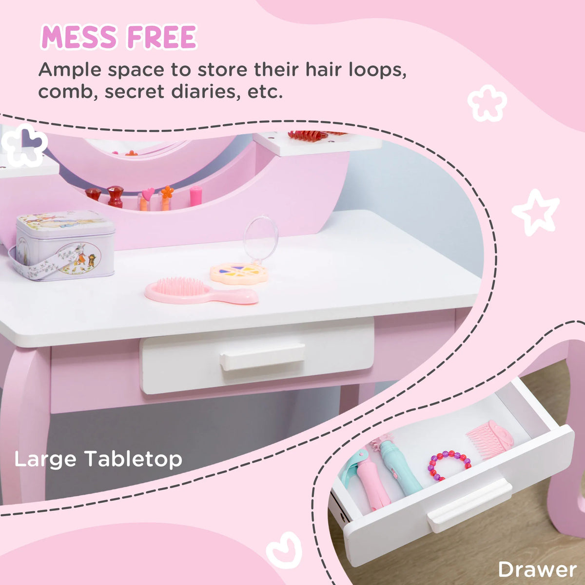 Kids Dressing Table and Stool with Acrylic Mirrors Drawer Wide Tabletop MDF Rounded Edges Ages 3-6 Pink