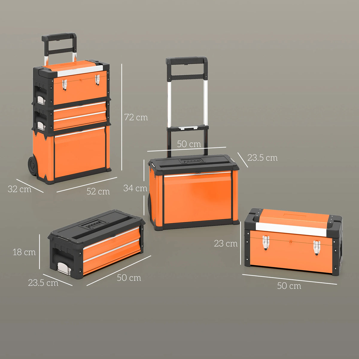 3-in-1 Stackable Rolling Steel Tool Box with Tray, Drawers and Telescopic Handle