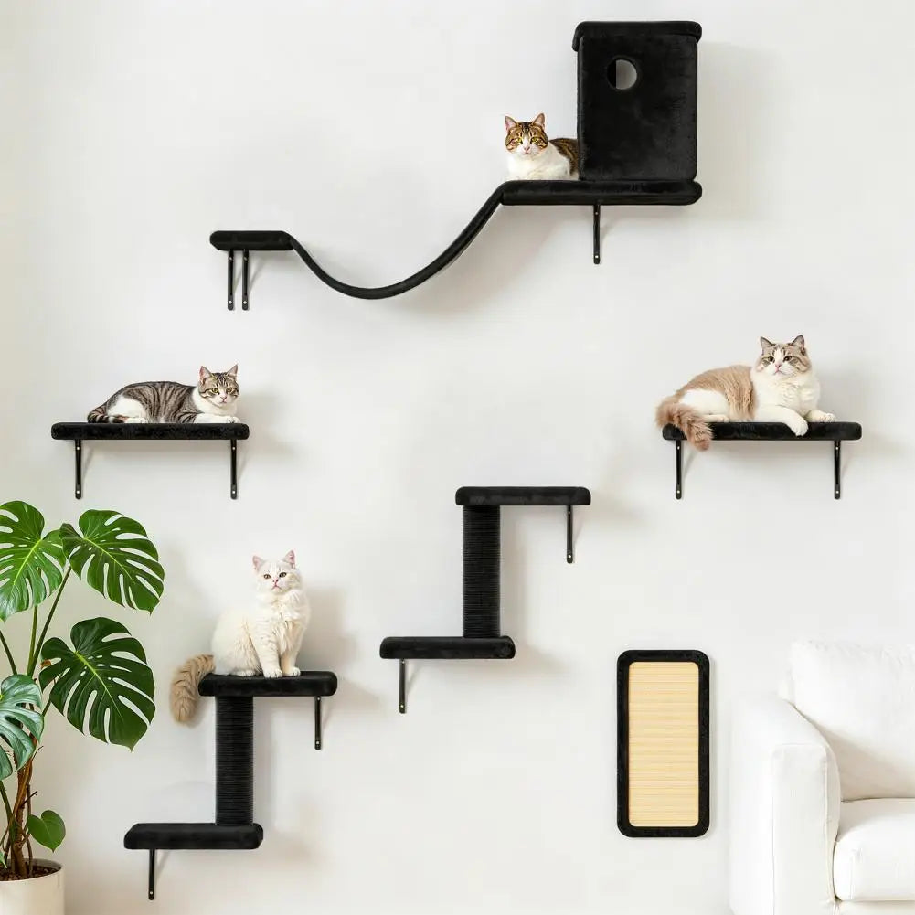 6 in 1 Cat Wall Shelves Wall Mounted Floating Furniture Bed Scratching Post Perch Bridge Condo Black