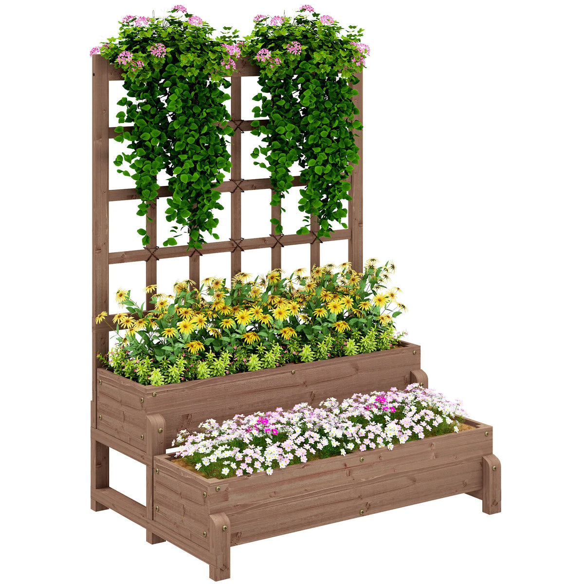 2-Tier Wooden Raised Flower Bed with Trellis and Drainage Holes, Brown