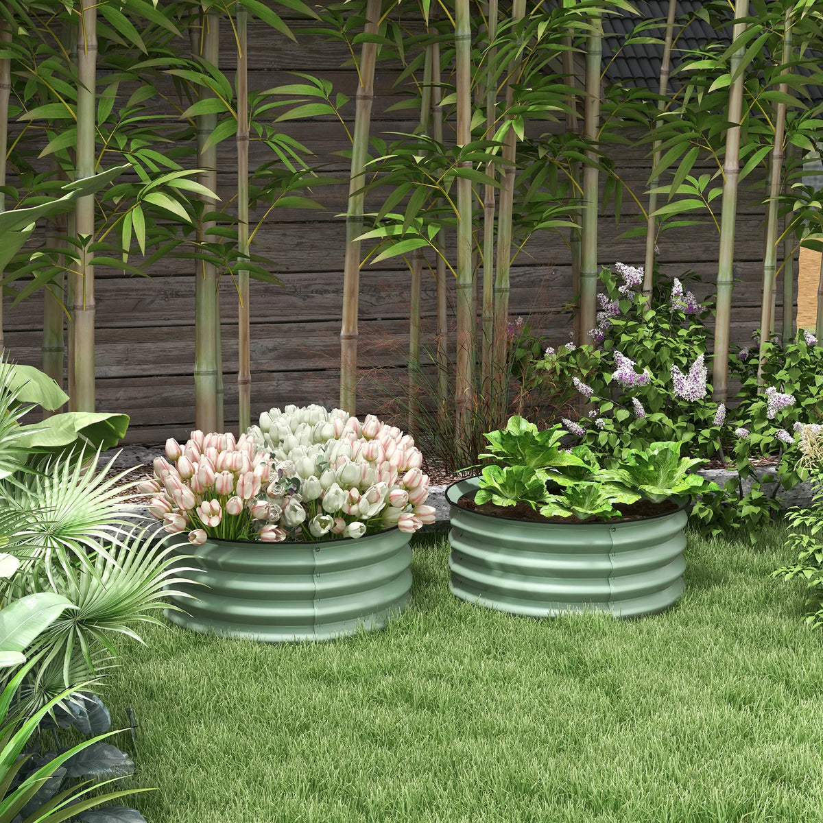 Set of 2 Raised Garden Beds Galvanised Steel Planter Boxes with Rubber Sealed Safety Edging Green