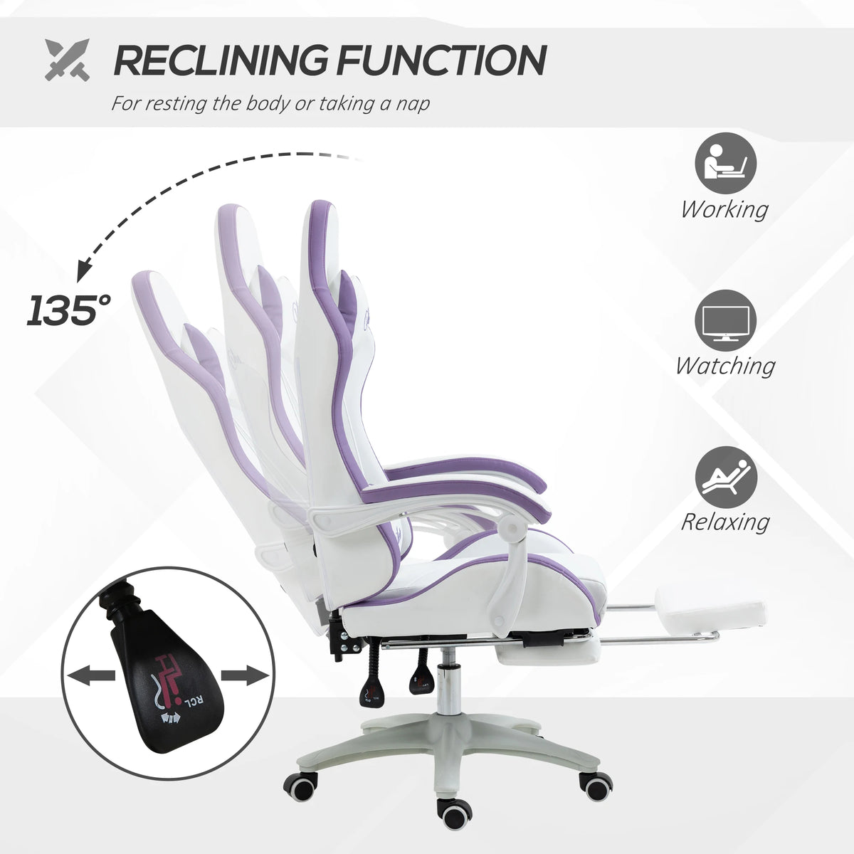 Racing Style Gaming Chair Reclines to 135 Degrees with Pull Out Footrest Head and Lumbar Pillows 45.5-53.5cm