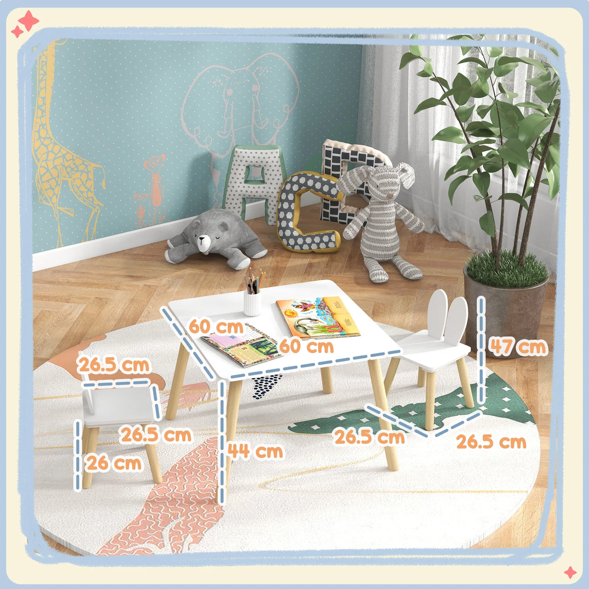 3 Piece Toddler Table and Chair Set with Bunny Ear Backrests MDF and Pine Wood Legs Chairs Tuck Under White