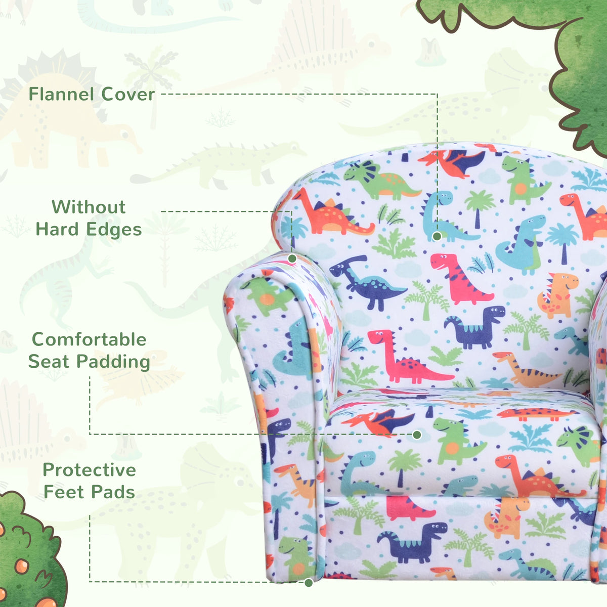 Kids Tub Chair with Dinosaur Print Flannel Feel Upholstery Wooden Frame Thick Foam and Non Slip Feet
