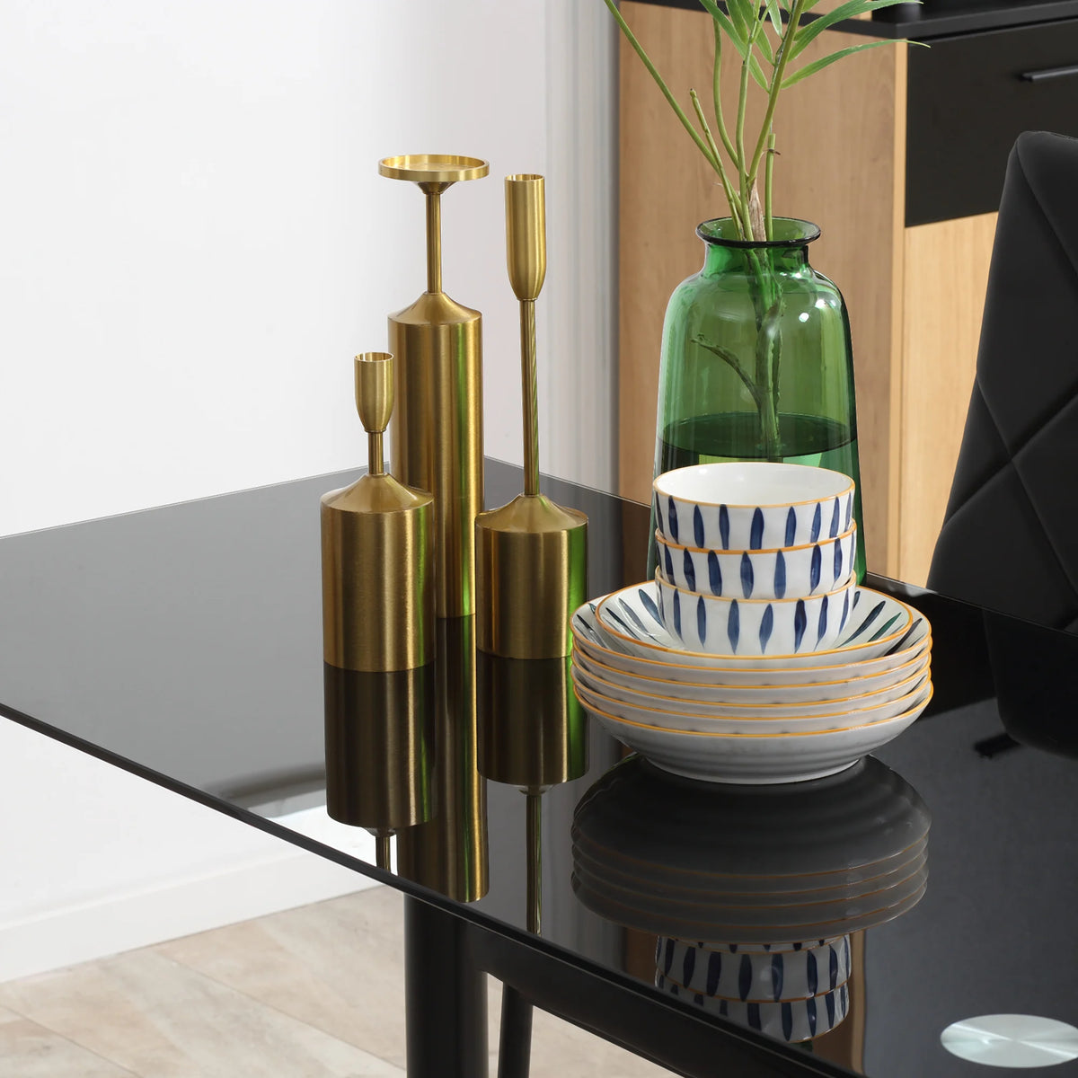 Dining Table Set for 4 with Glass Top and Padded Chairs, 120 x 60 x 75 cm, Black