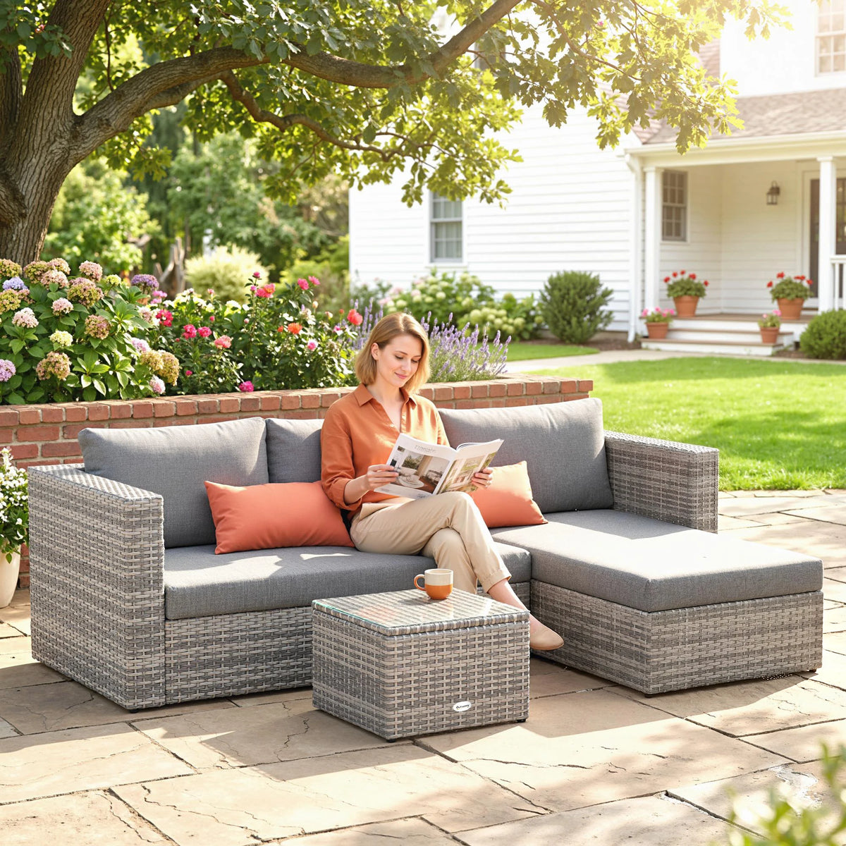 3-Piece Outdoor PE Rattan Furniture Sofa Set with Tempered Glass Table & Cushions