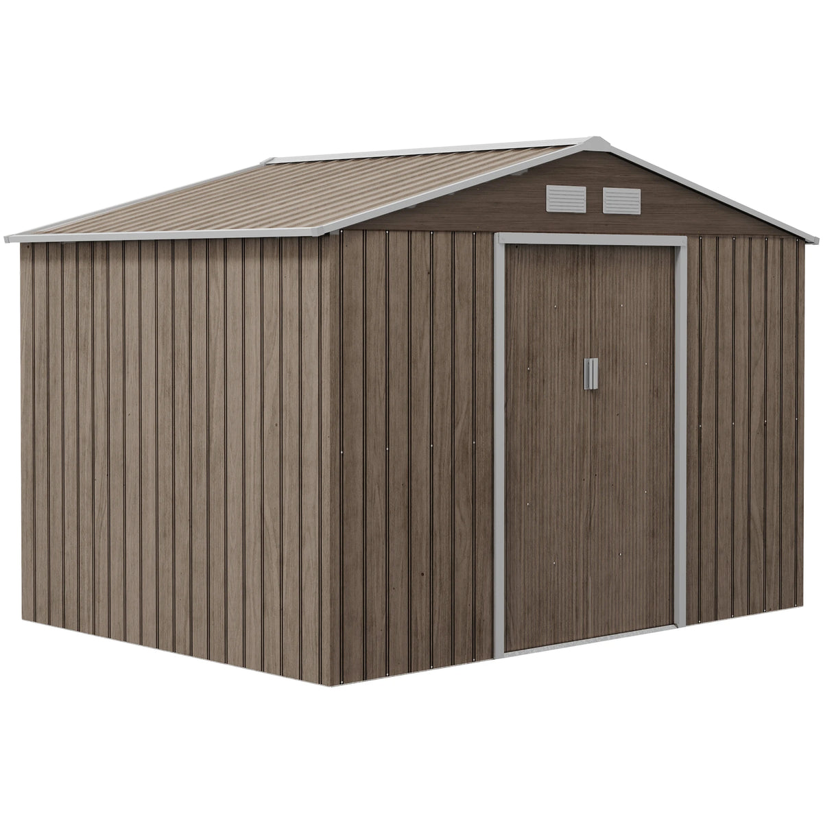 9 x 6ft Metal Garden Shed, Outdoor Storage Tool House with Ventilation Slots, Foundation Kit, Light Brown