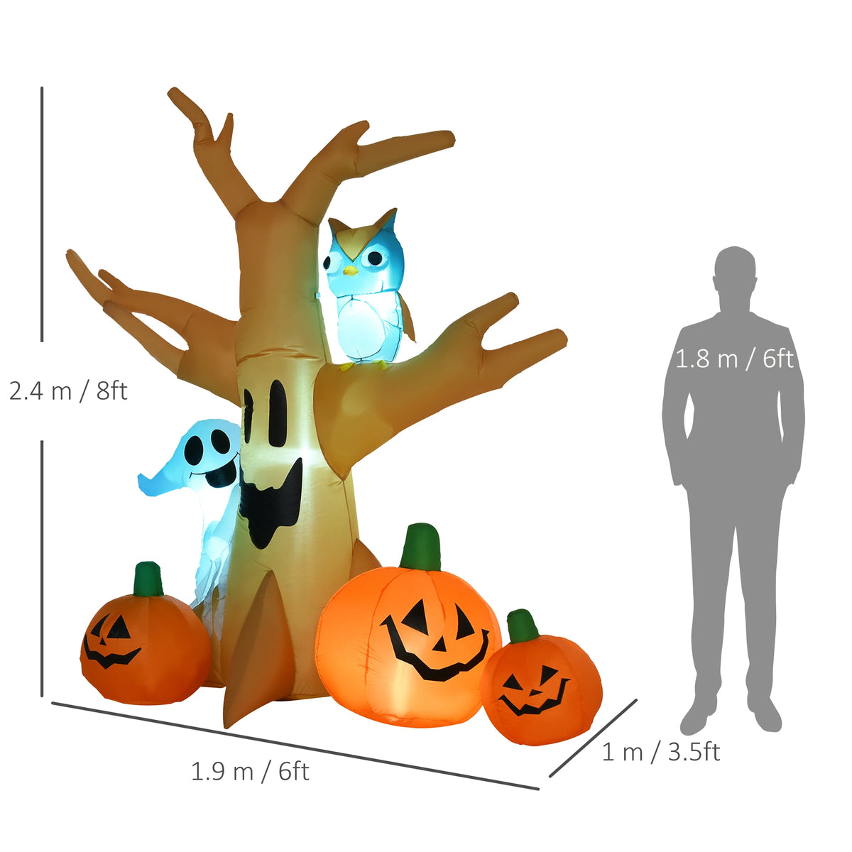 Inflatable Halloween Tree with Ghost, Owl and Three Pumpkins, LED Lit Decoration