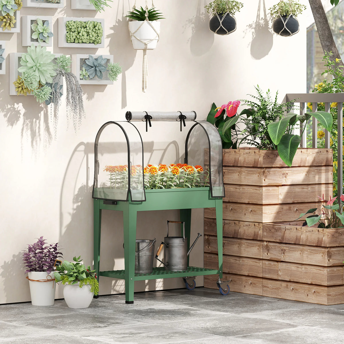 Raised Garden Bed with Greenhouse Cover and Wheels, Elevated Planter, 80 x 40 x 120 cm