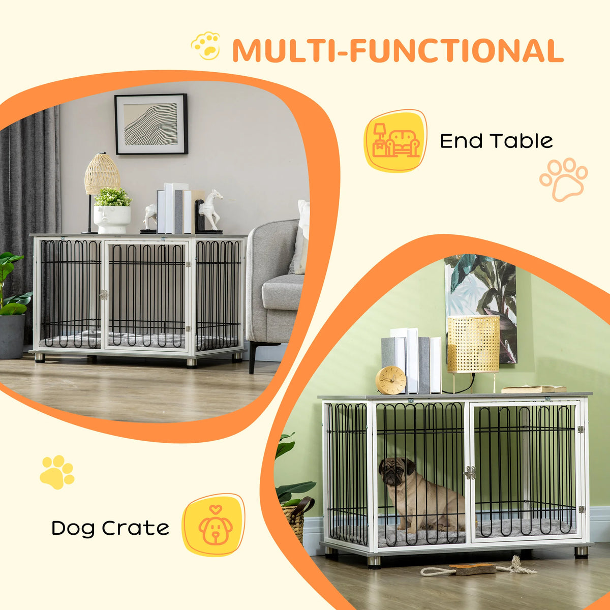 Dog Crate End Table with Washable Cushion and Lockable Door, Grey