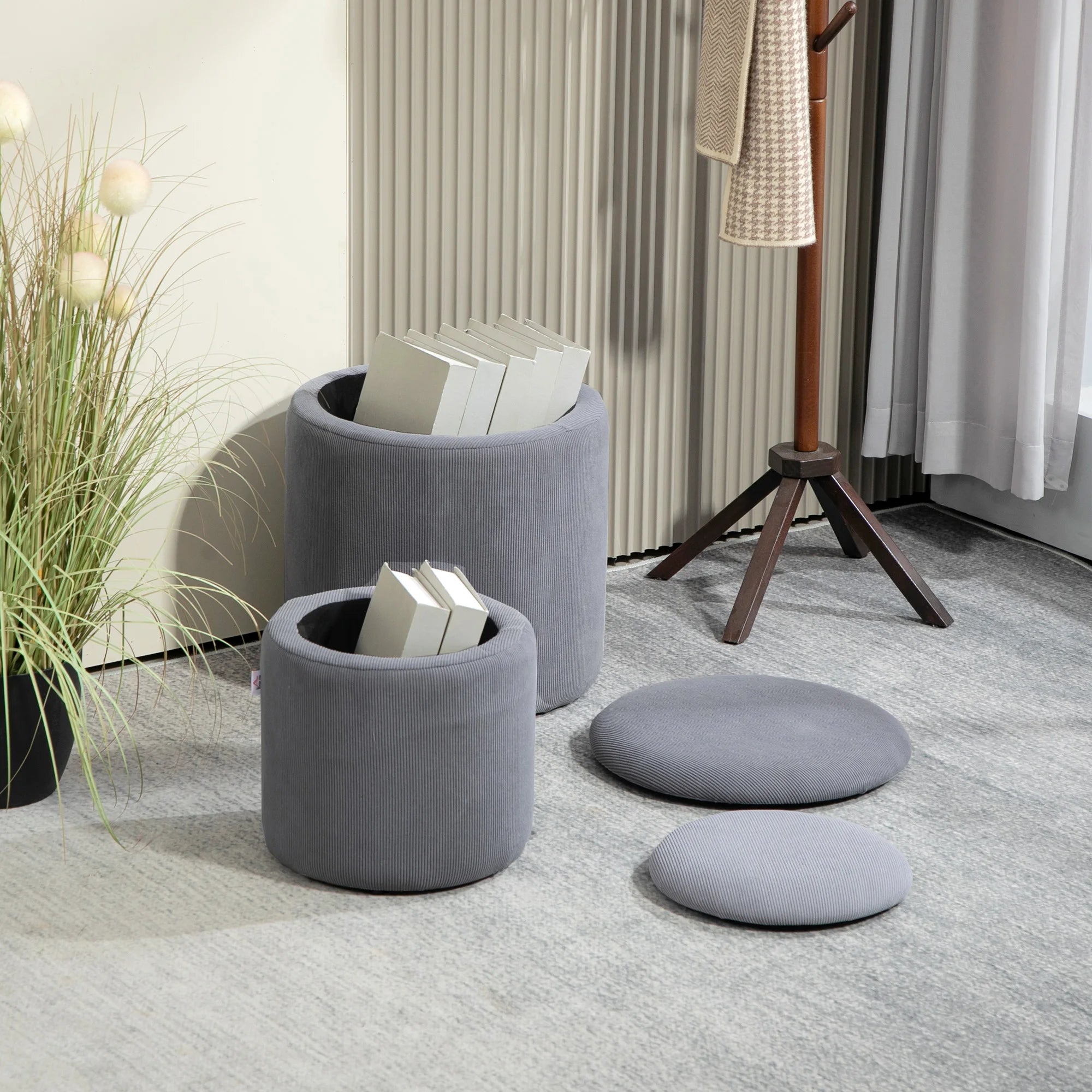 Set of 2 Corduroy Storage Ottomans with Removable Padded Lids | Nesting Footstools for Living Room