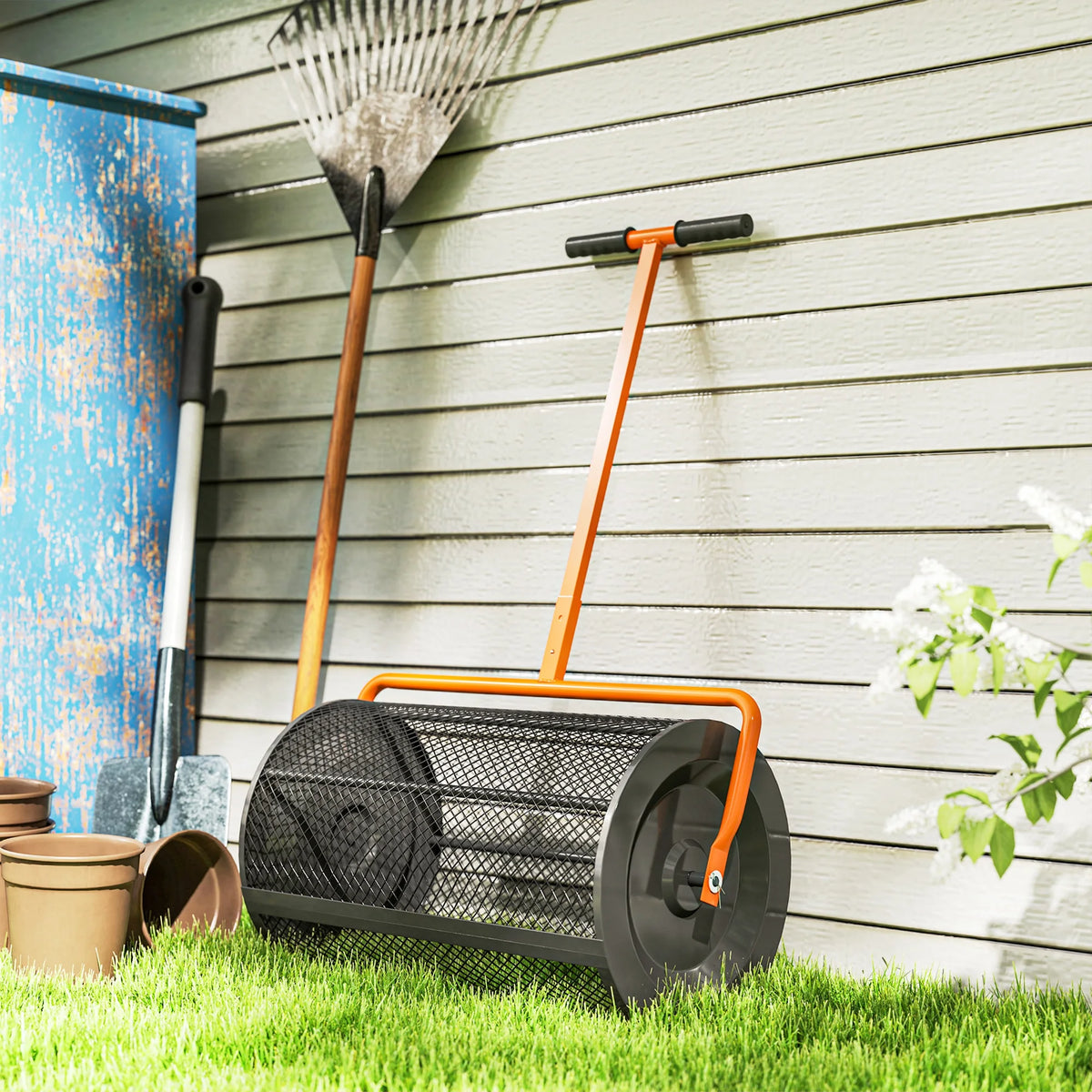300L Compost and Peat Moss Spreader with Height Adjustable T-Handle, Orange
